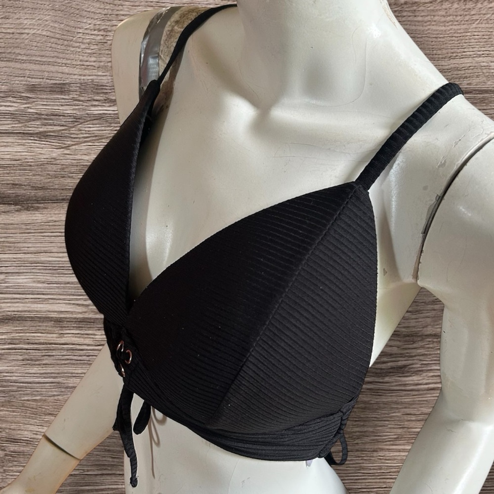 🤑 10/$100 Hula Honey Black Ribbed Criss Cross Back Grommet tie  Bikini Top D/DD